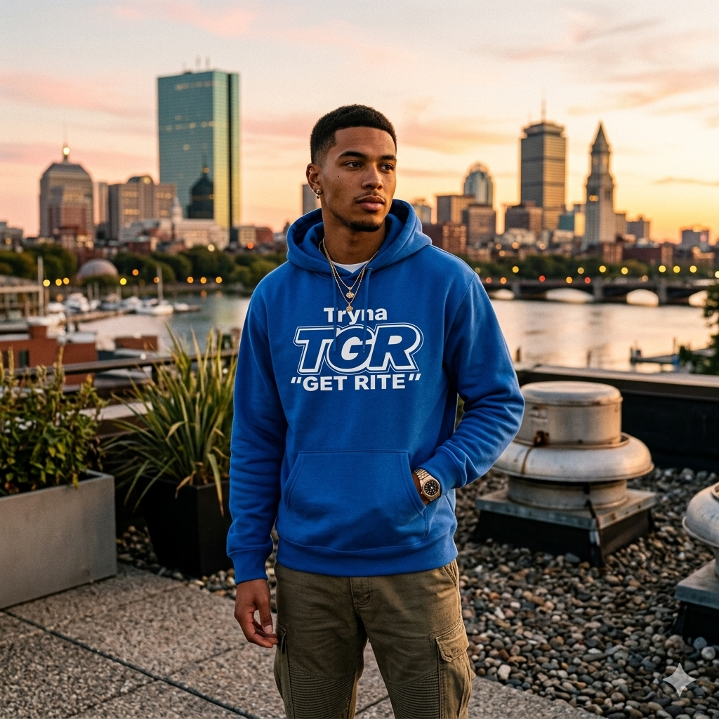 Person wearing a blue hoodie with text, standing on a rooftop with a cityscape in the background