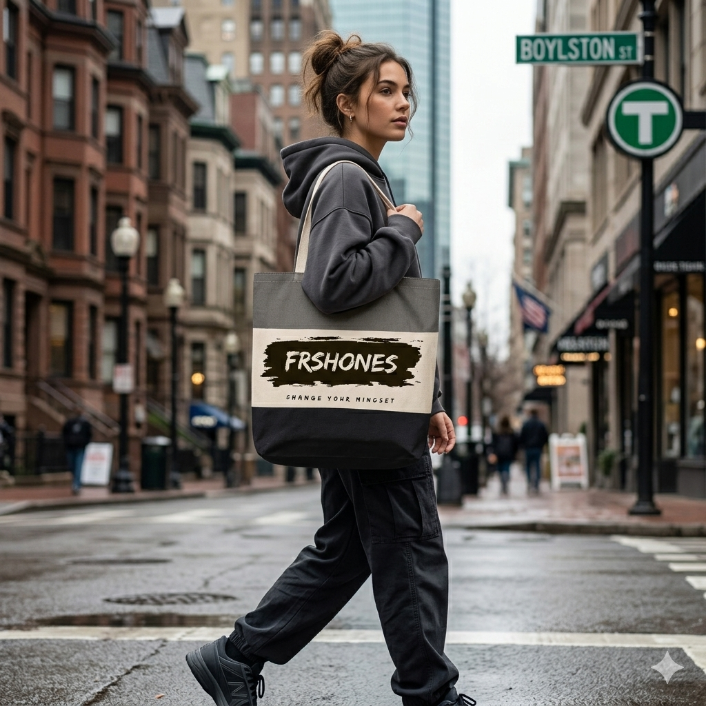 Person walking on a city street holding a tote bag with 'FRESHONES' branding.