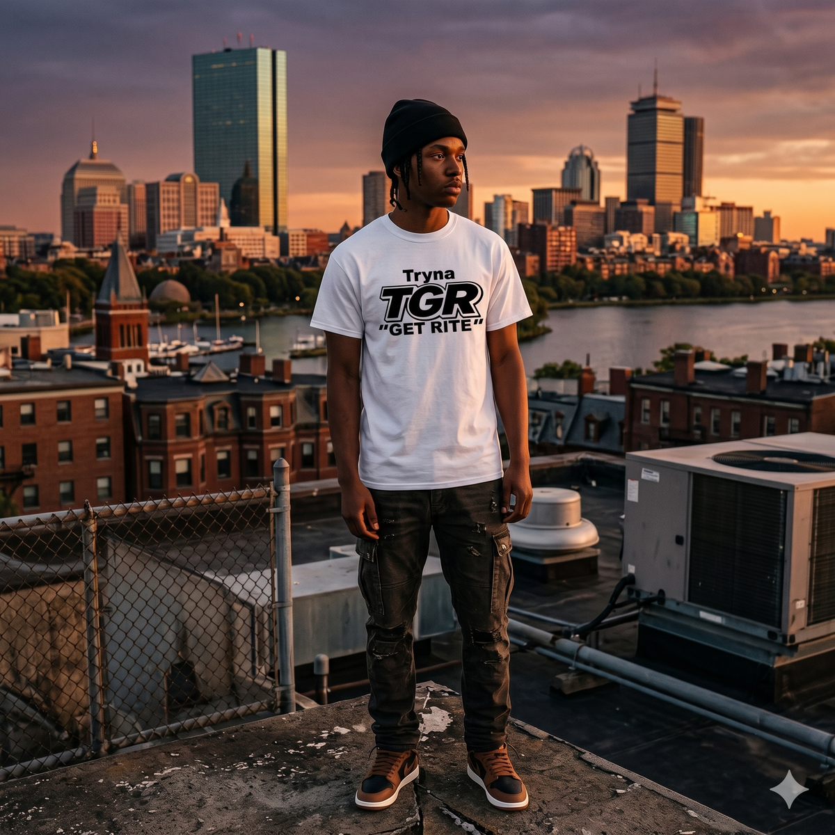 Person wearing a white t-shirt with text standing on a rooftop with a city skyline in the background