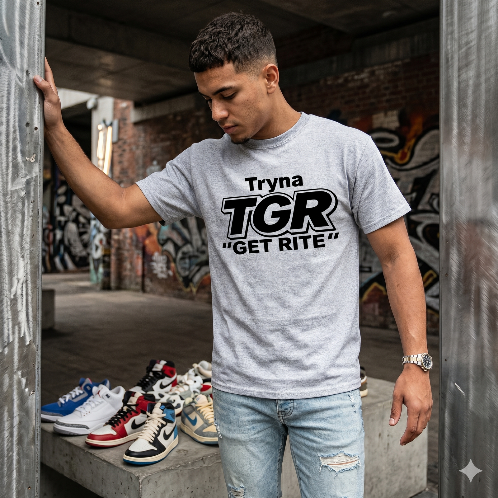 Man wearing a gray t-shirt with 'Tryna TGR Get Rite' text, standing in an urban setting with sneakers on the ground.
