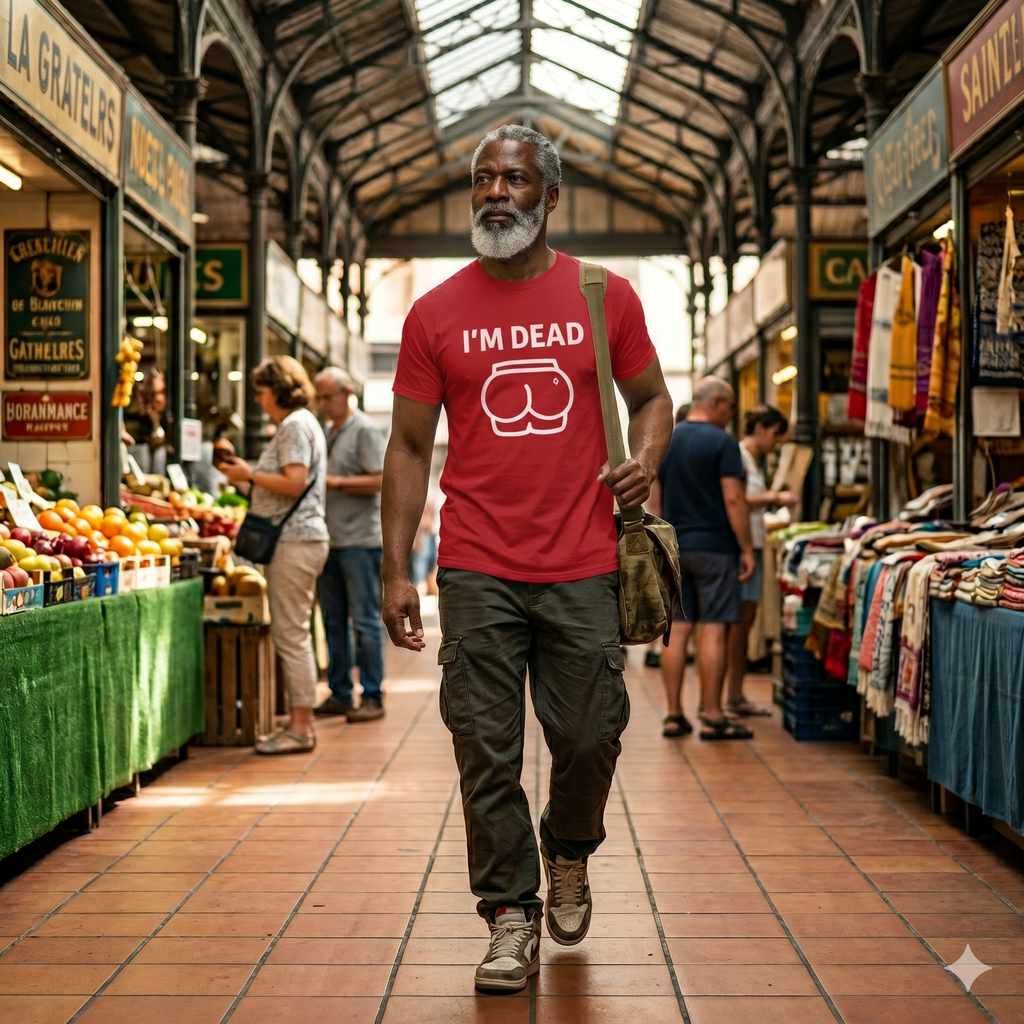 Man wearing a red t-shirt with humorous design in a market setting