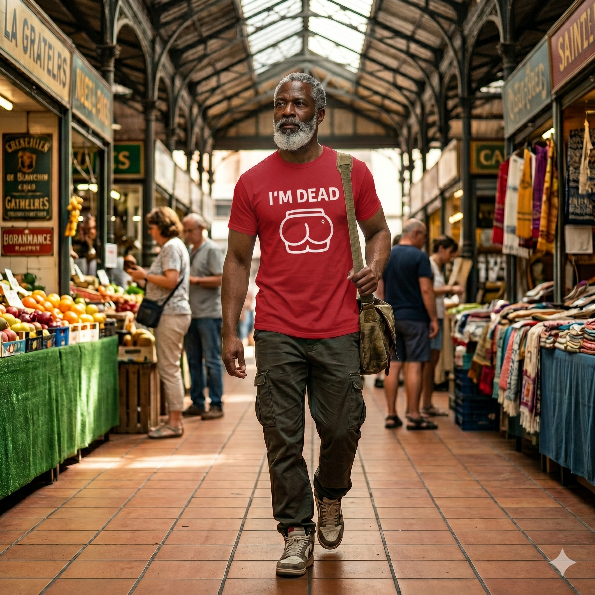 Man wearing a red t-shirt with humorous design in a market setting