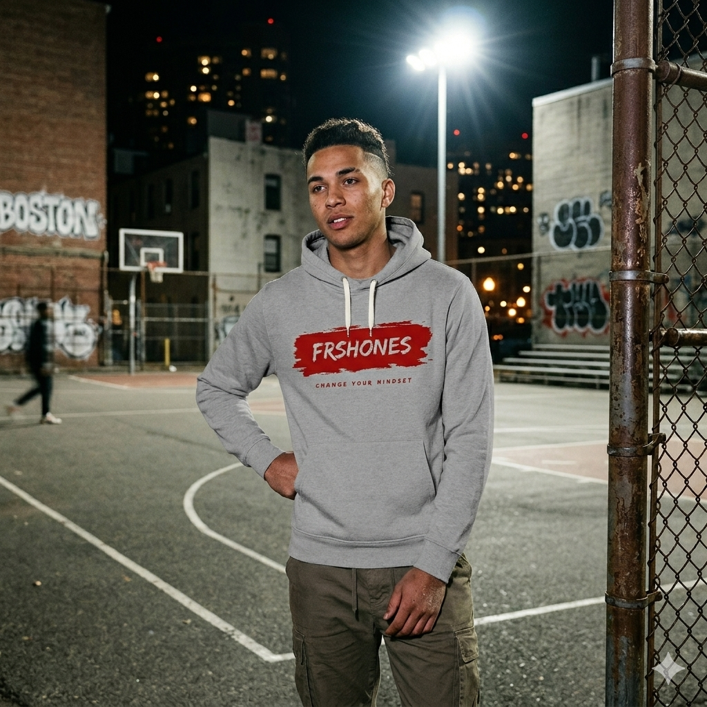 Man wearing a gray hoodie with 'FRSHONES' logo on an urban basketball court at night.