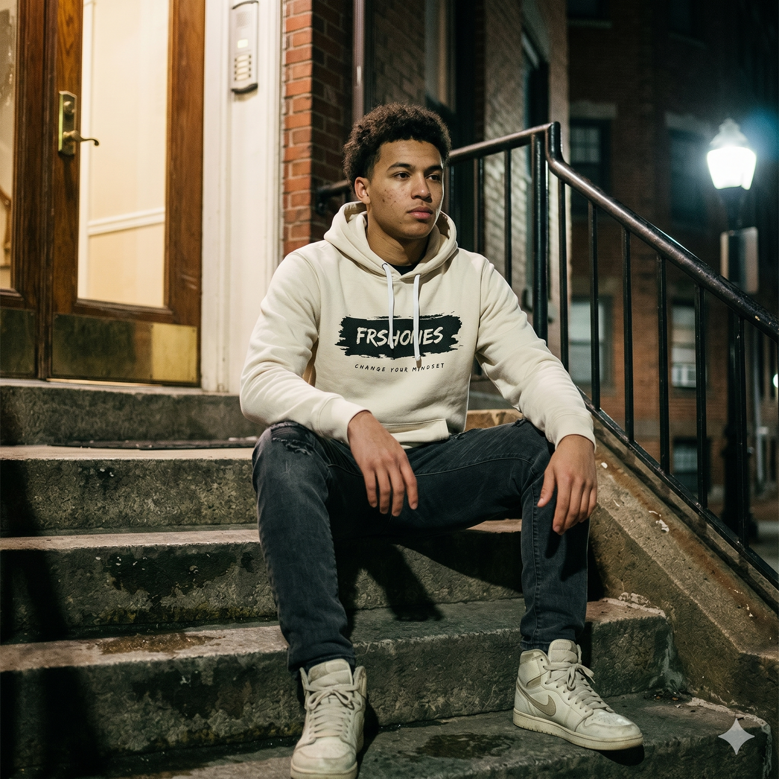 Person wearing a hoodie sitting on steps at night