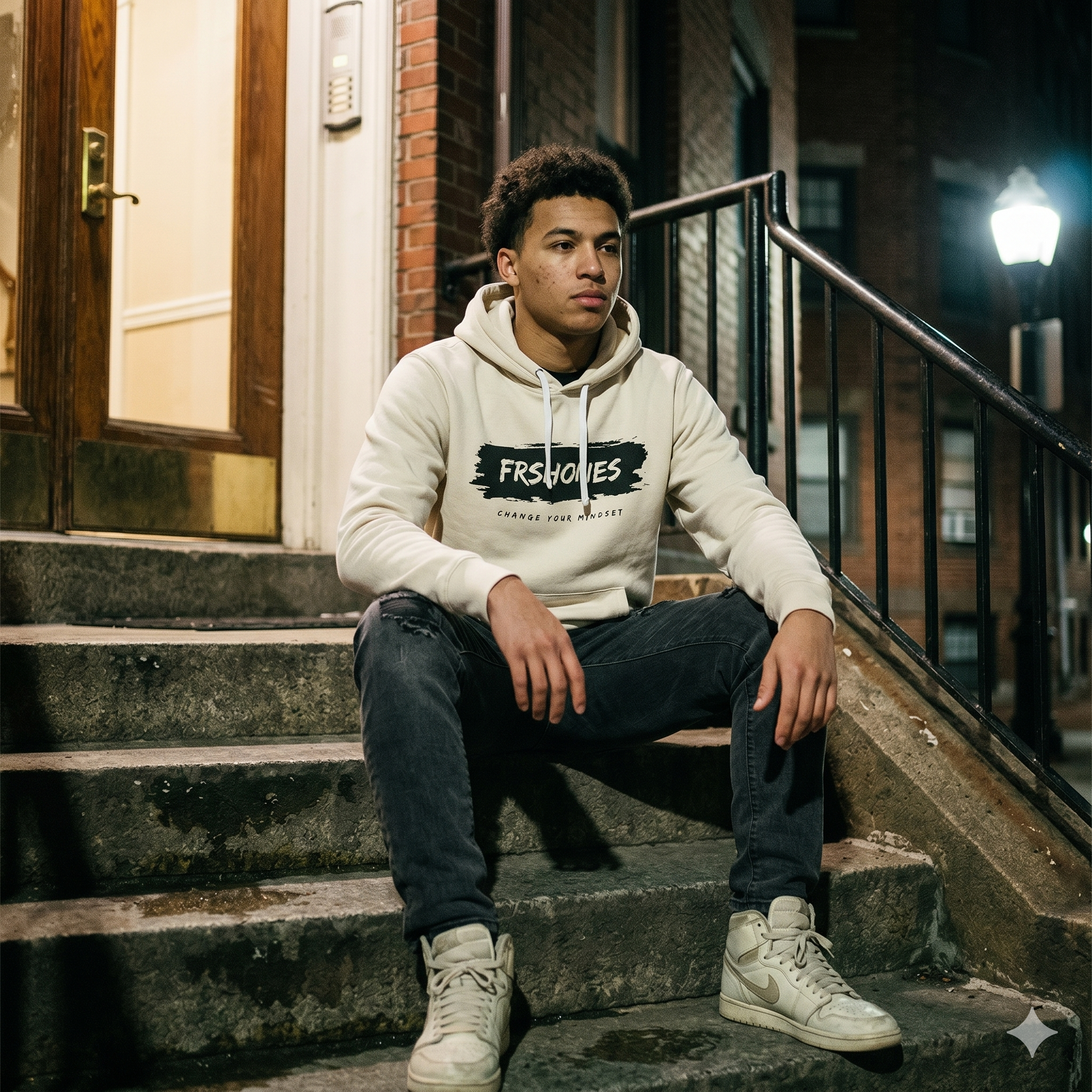 Person wearing a hoodie sitting on steps at night