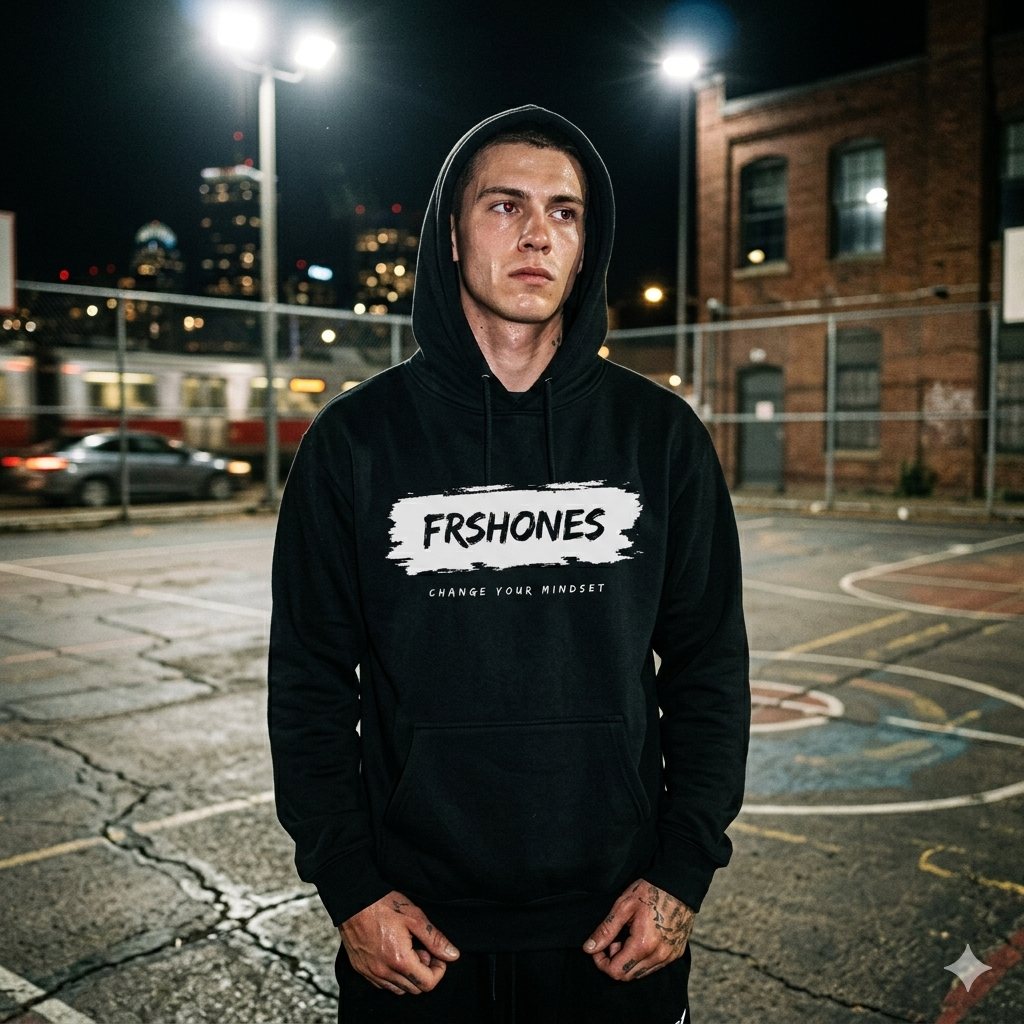 Person wearing a black hoodie with 'FRSHONES' logo on a city street at night.