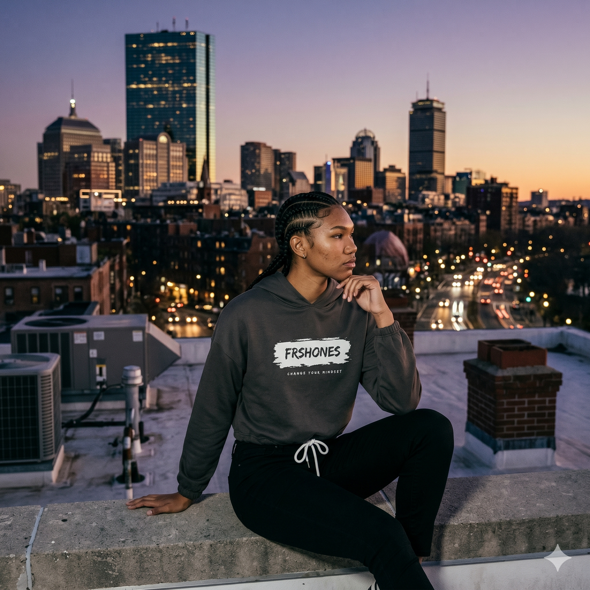 Person wearing a hoodie with 'FRHONES' logo on a rooftop with city skyline in the background