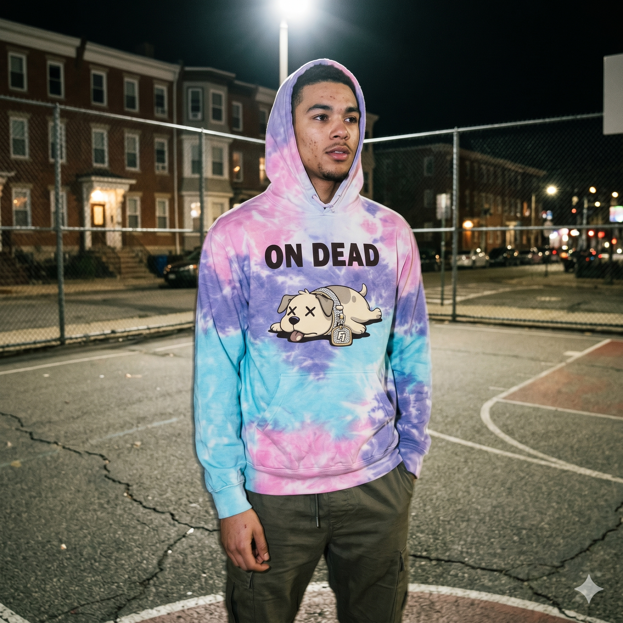 Person wearing a tie-dye hoodie with 'ON DEAD' text and graphic on an urban street at night.