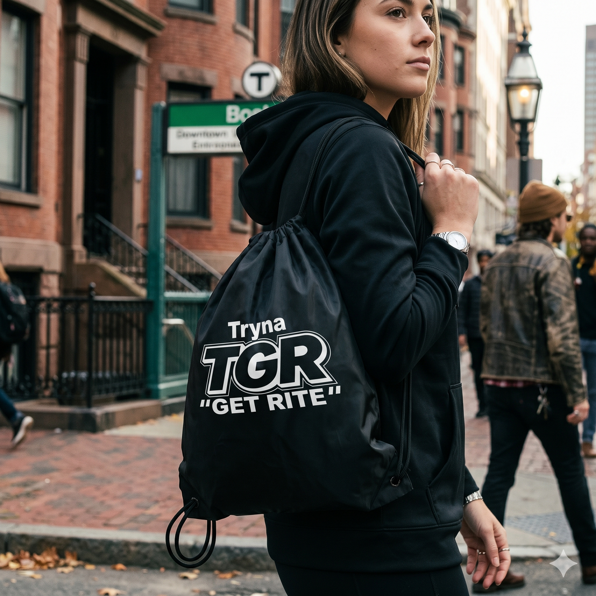 Person wearing a black hoodie with 'Tryna TGR Get Rite' text on a backpack, walking down a city street.