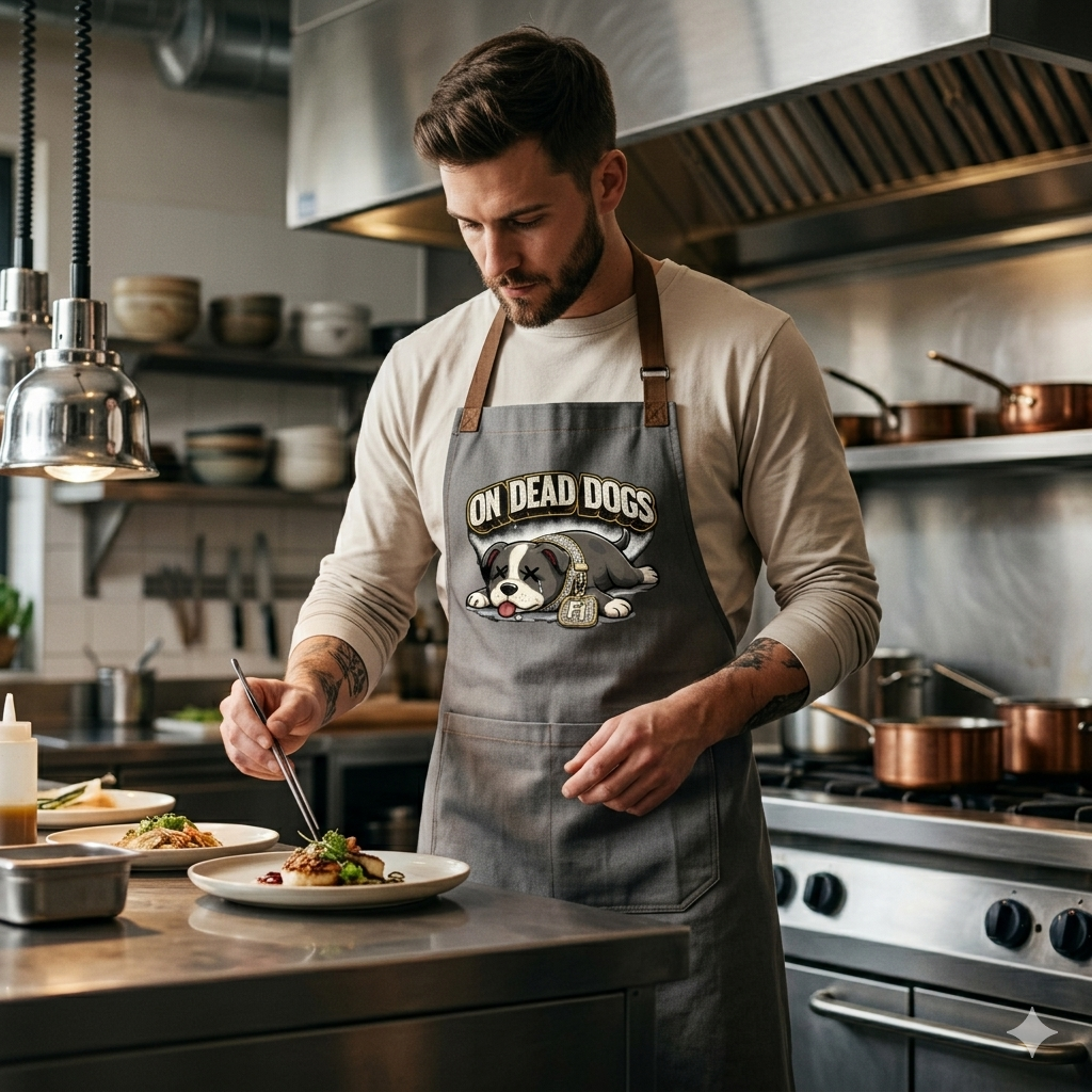 Man in a kitchen wearing an apron with 'On Dead Dogs' text and graphic, preparing food.