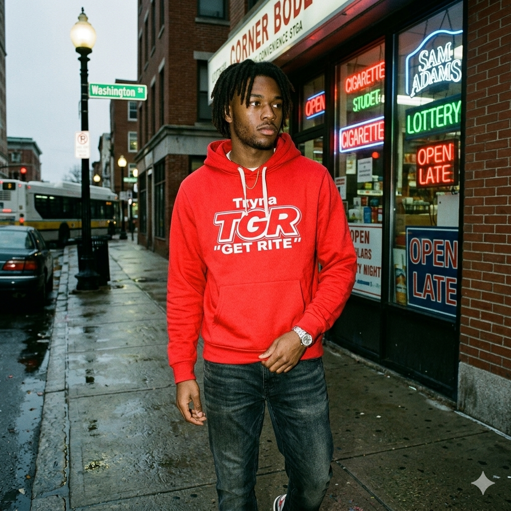 Man wearing a red hoodie with visible text standing on a city street.
