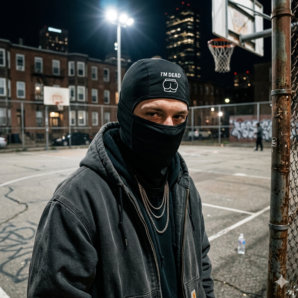 Person wearing a black hoodie and mask with 'I'm Dead' text on a basketball court at night.