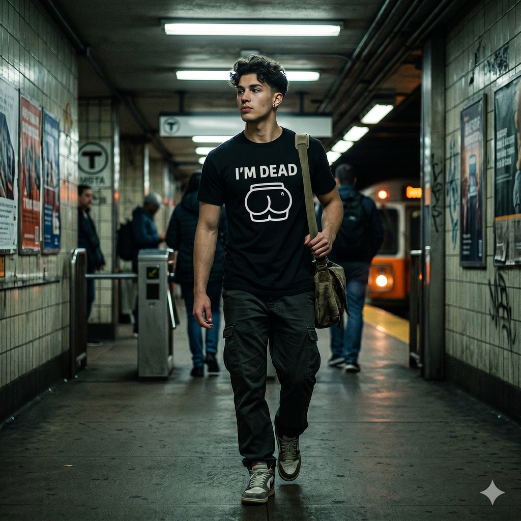 Person wearing a black t-shirt with text in a subway station