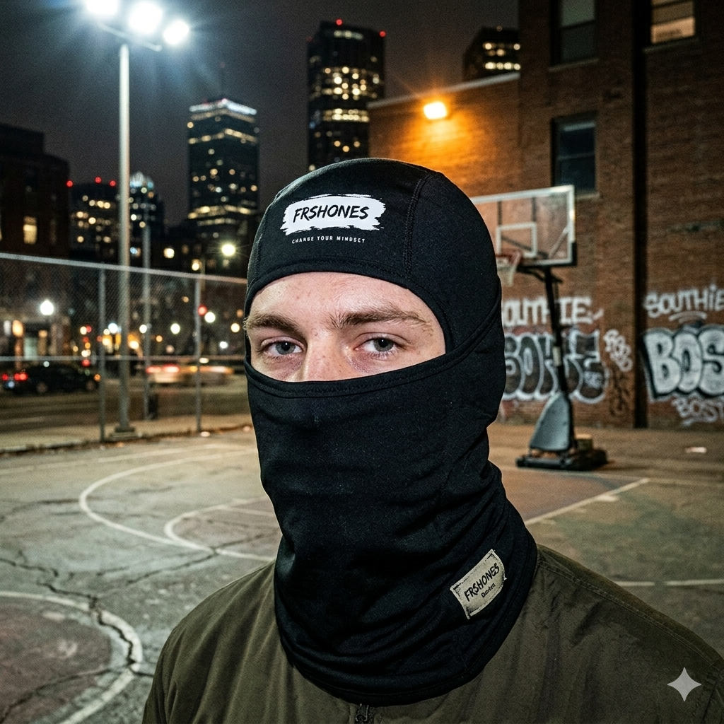 Person wearing a black balaclava with 'Fashions' branding on an urban basketball court at night.