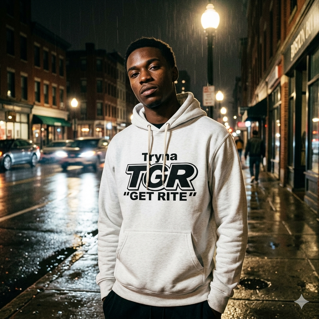 Person wearing a hoodie with 'TGR GET RITE' text on a city street at night.