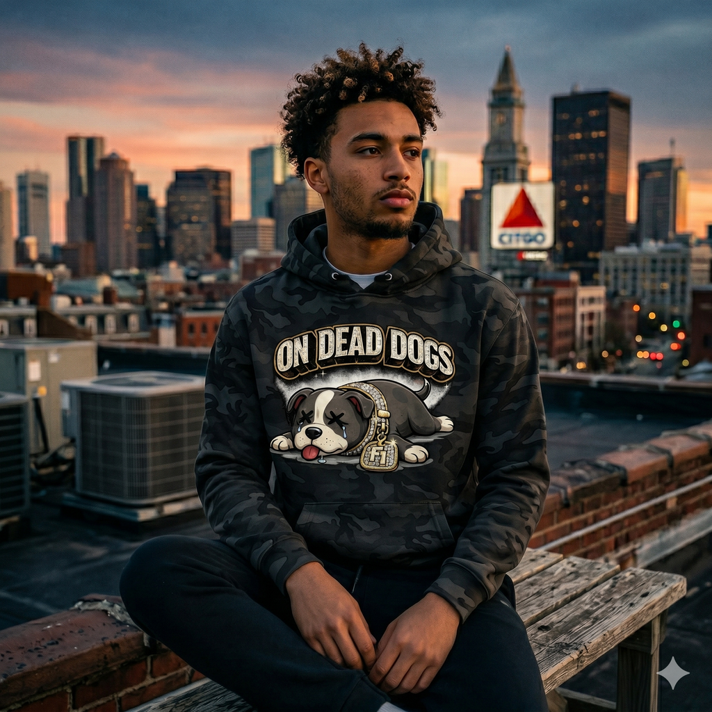 Person wearing a hoodie with 'On Dead Dogs' graphic on a city skyline background