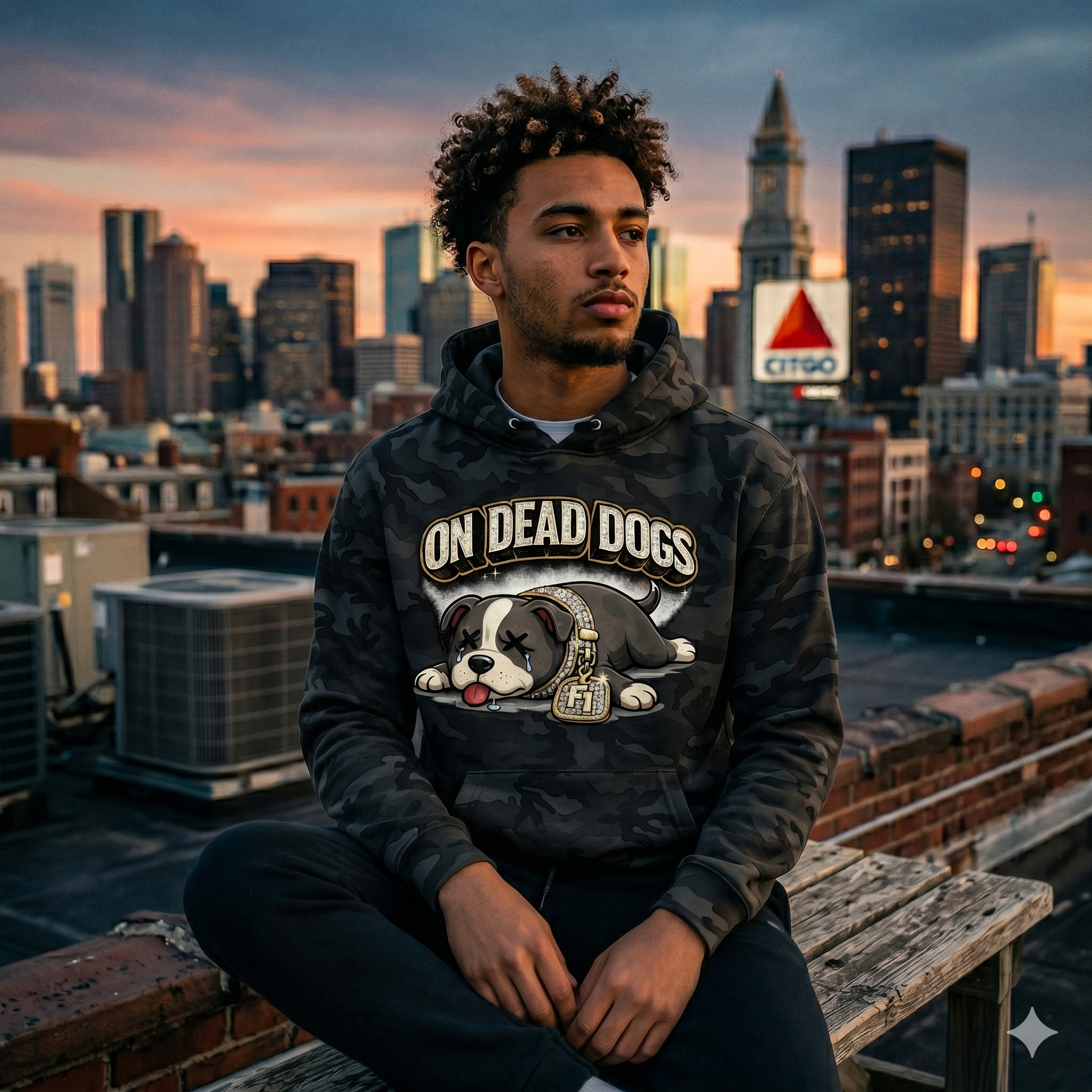 Person wearing a hoodie with 'On Dead Dogs' graphic on a city skyline background