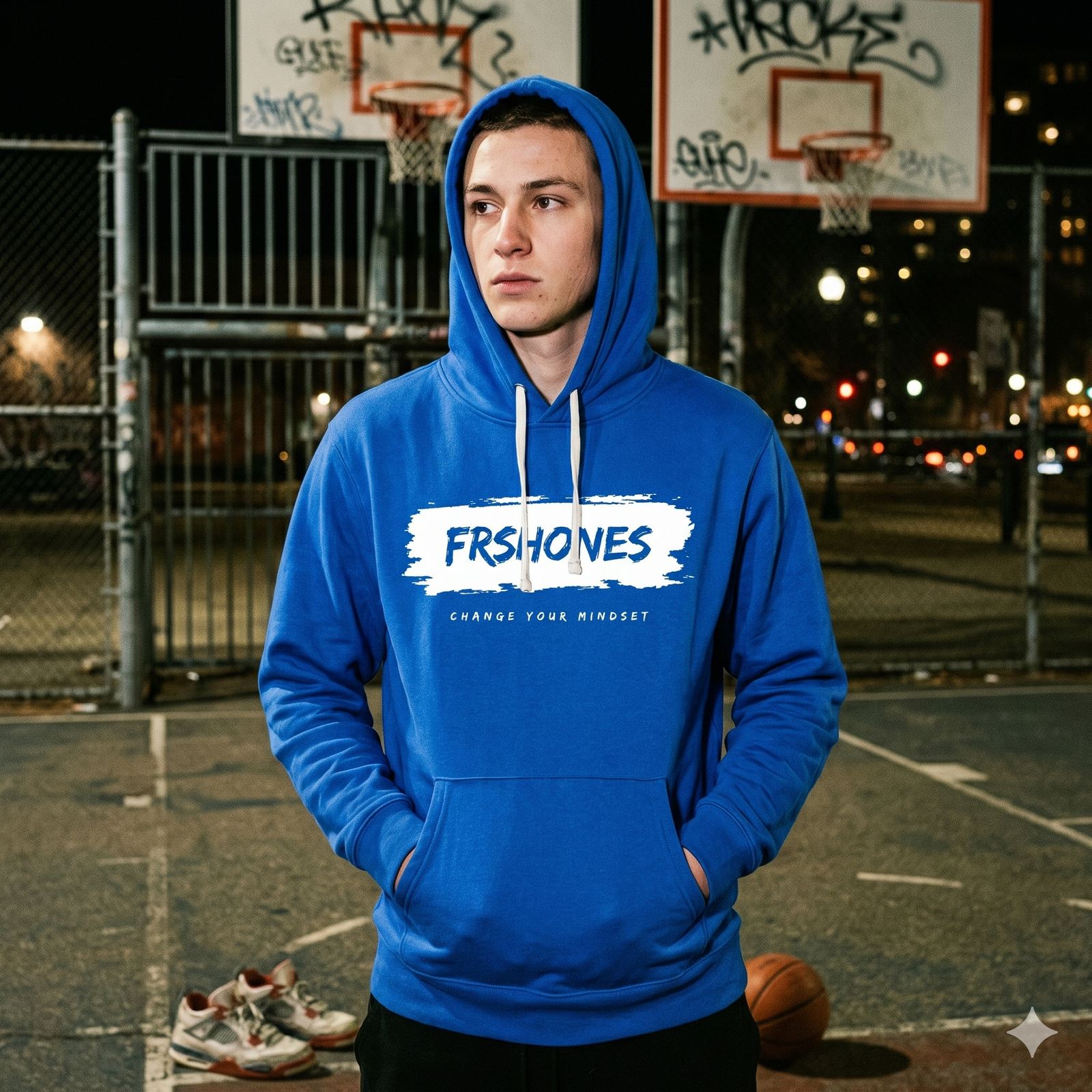 Person wearing a blue hoodie with 'FRSHMEN' logo on a basketball court at night.