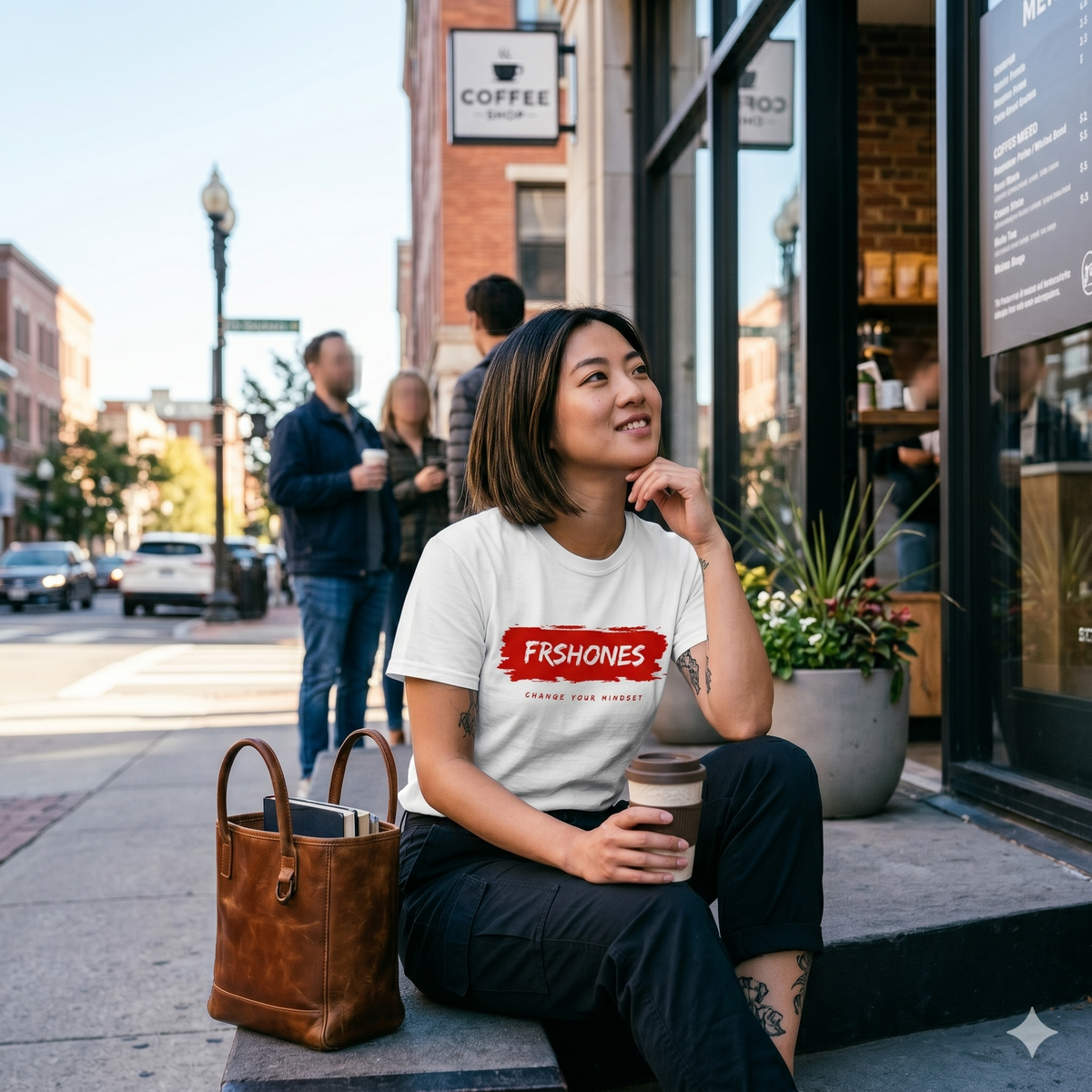 Woman sitting on a sidewalk holding a coffee cup, wearing a 'Frshones' t-shirt, with a coffee shop in the background.