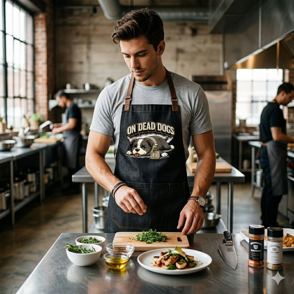 Man in a kitchen wearing an apron with 'On Dead Dogs' design, preparing food.