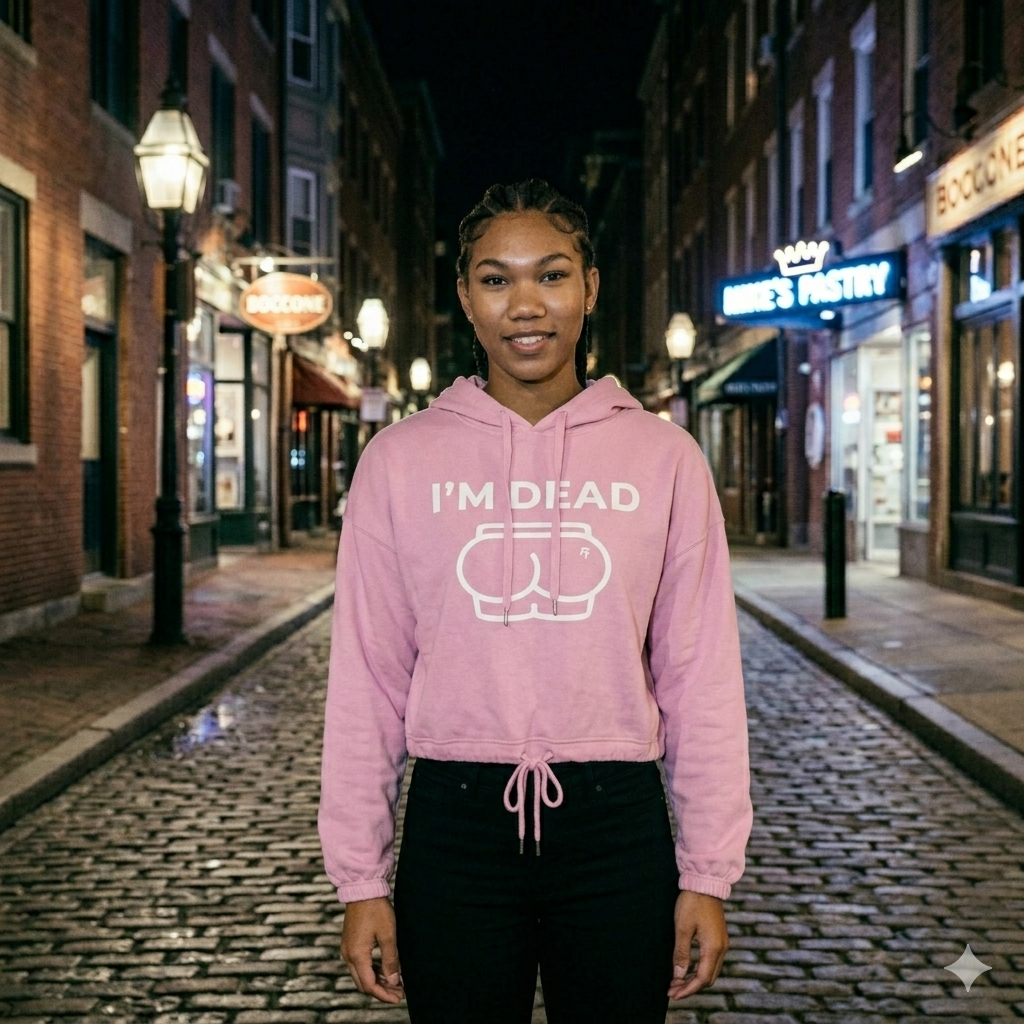 Person wearing a pink hoodie with text on a city street at night