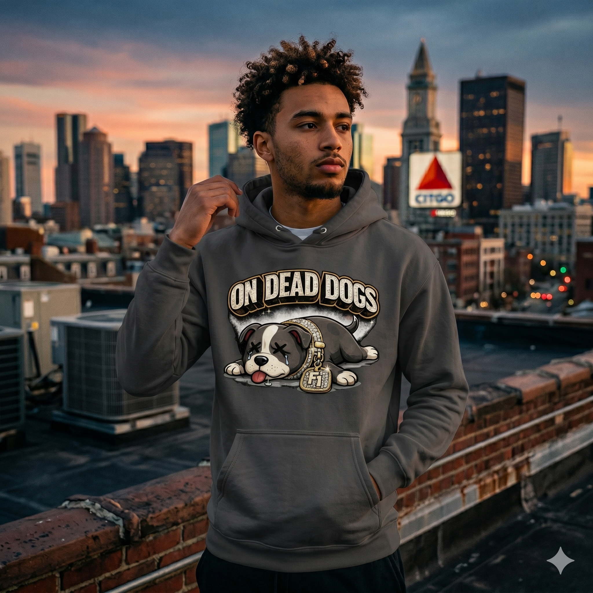 Man wearing a hoodie with 'On Dead Dogs' graphic design on a city rooftop at sunset.