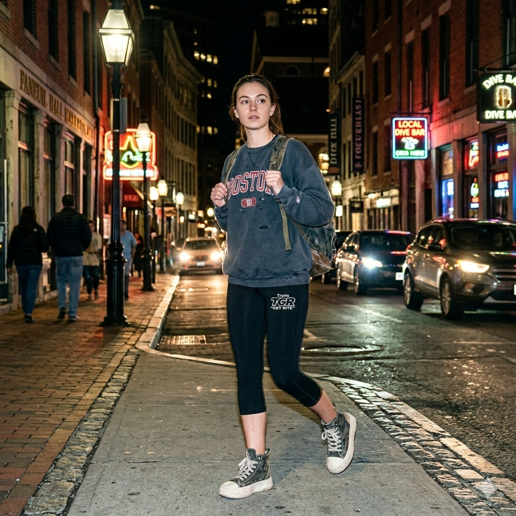 Person walking on a city street at night with illuminated signs and cars.