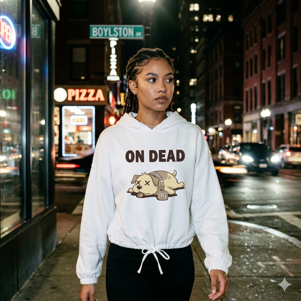 Person wearing a white hoodie with 'ON DEAD' text and graphic on a city street at night.
