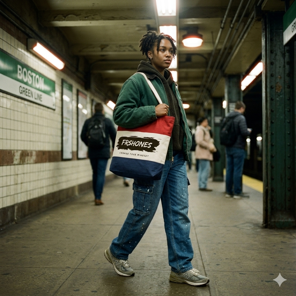 Person holding a bag with 'FISHONES' branding in a subway station.