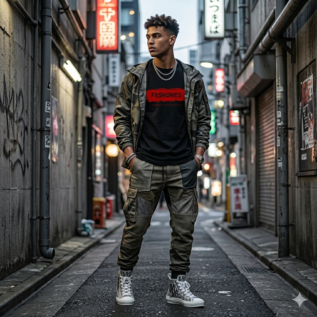 Man in urban setting wearing a black t-shirt with red text and green jacket.