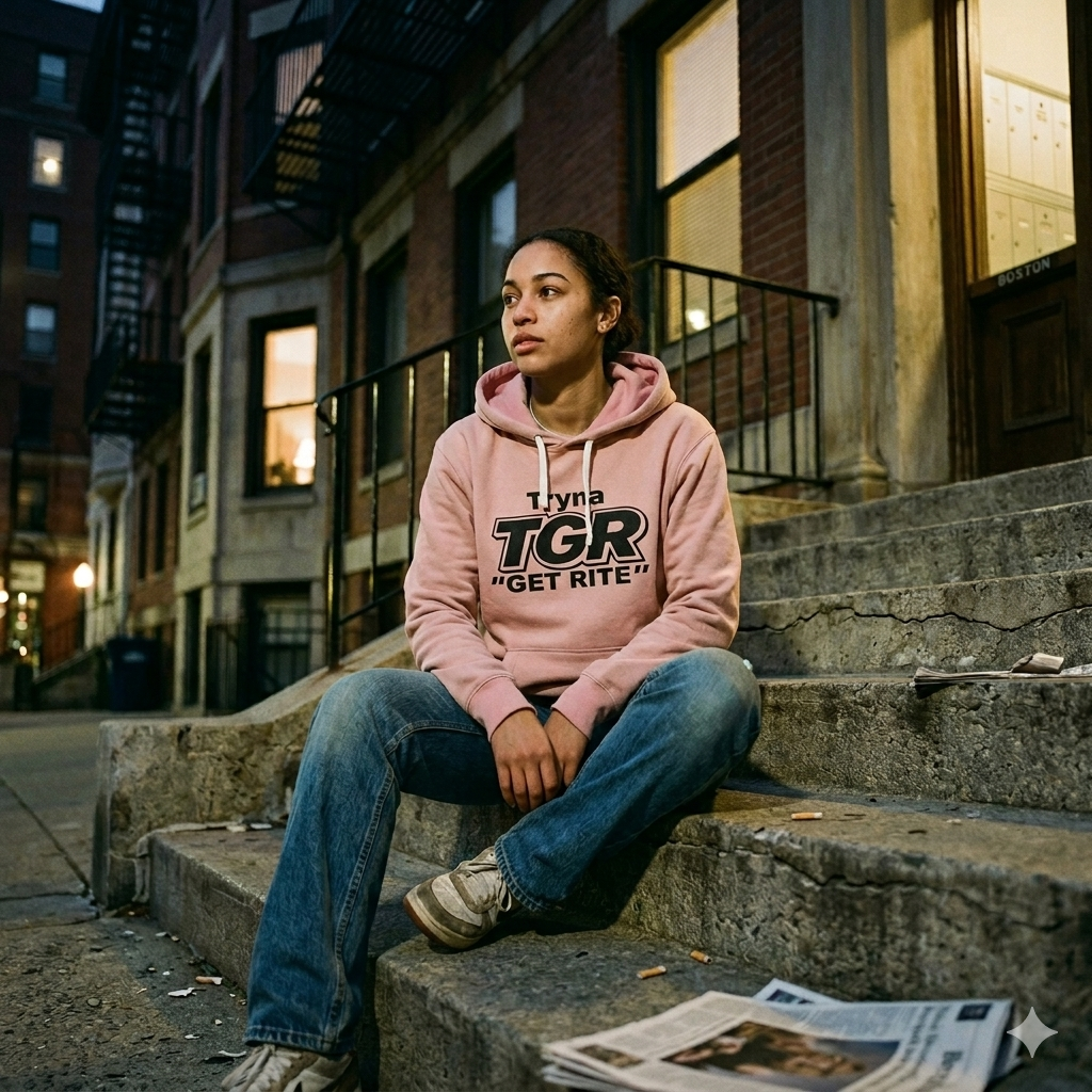 Person wearing a pink hoodie sitting on steps in an urban setting