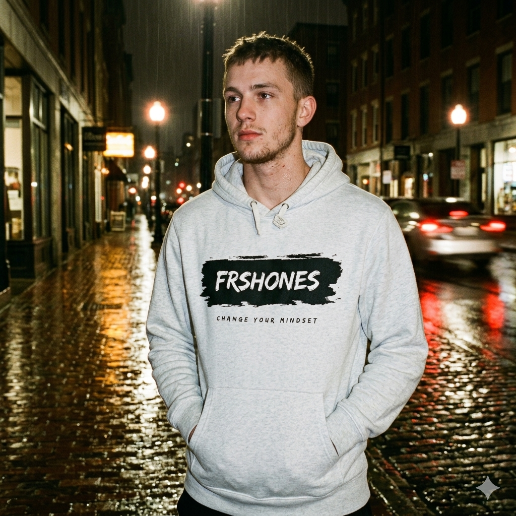 Man wearing a hoodie with 'FRSHONES' branding on a city street at night.