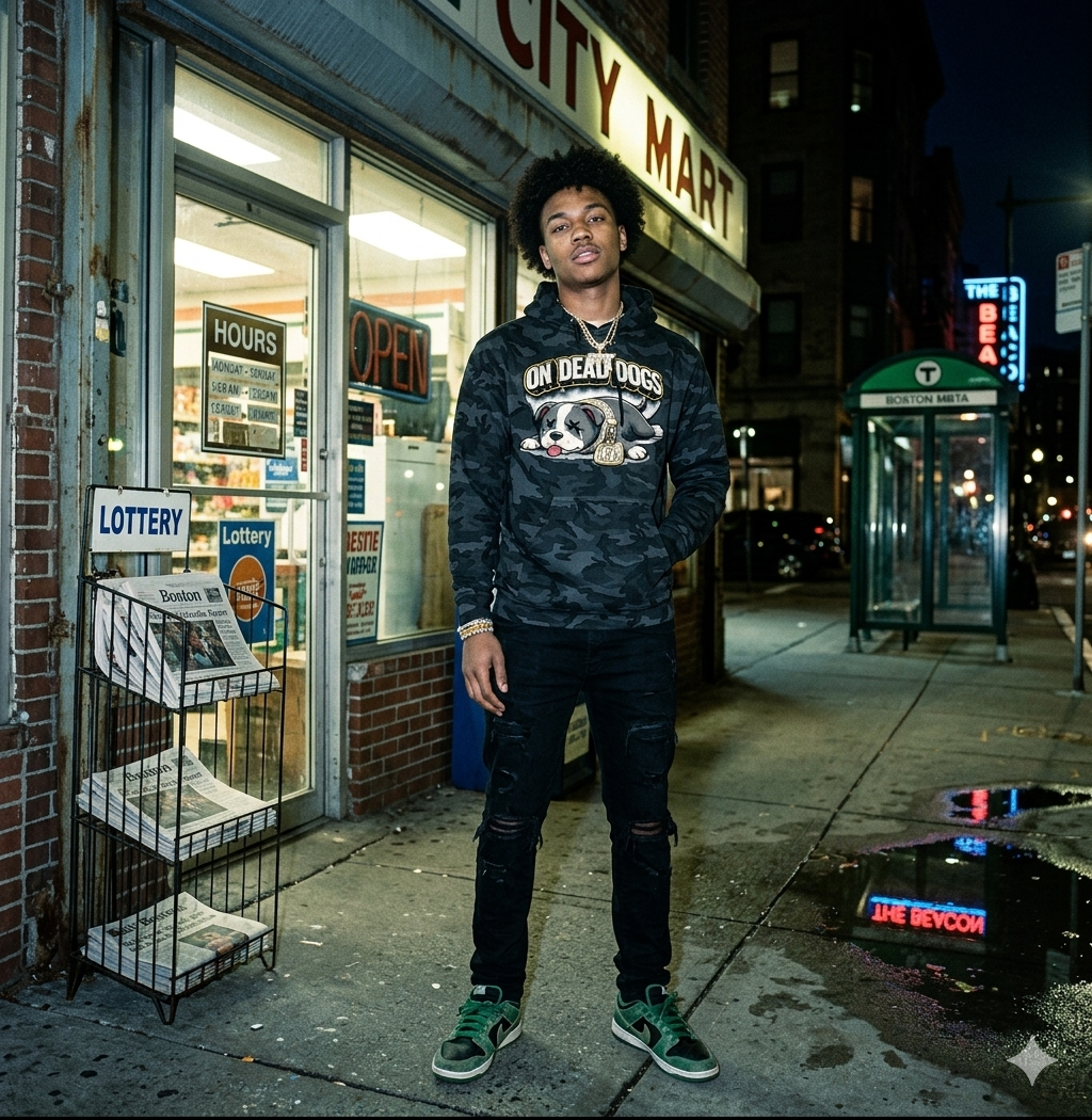 Person wearing a hoodie with a graphic design in front of a store at night.