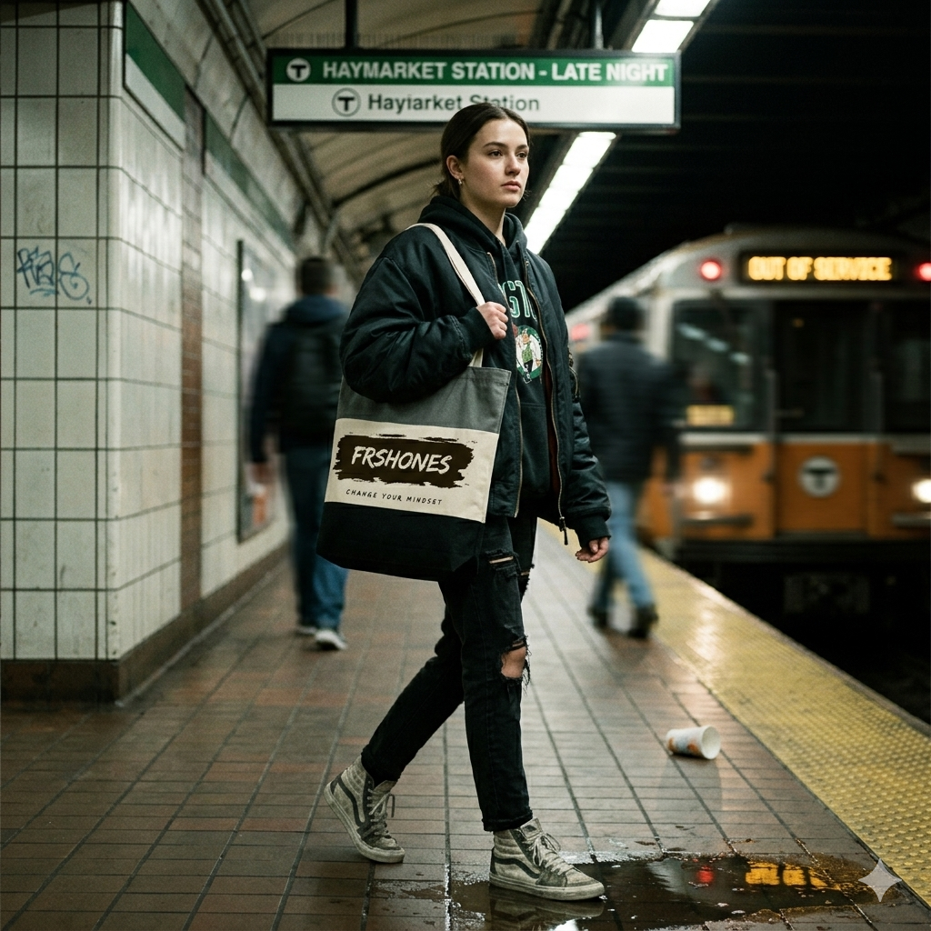 Person holding a tote bag with 'FRESHVES' branding in a subway station.