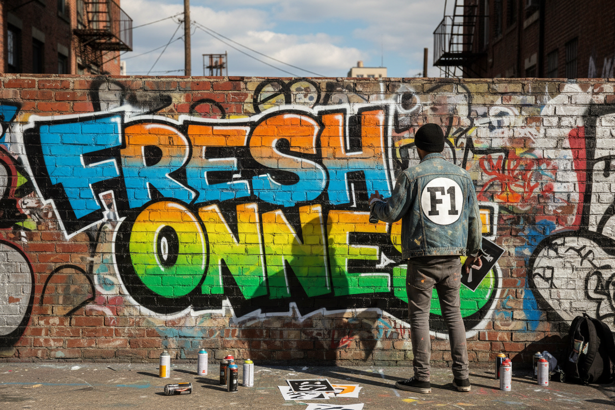 A brick wall in the city with FRESH ONES spray painted across it by a spray paint artist who has a Jean jacket in with F1 on the back