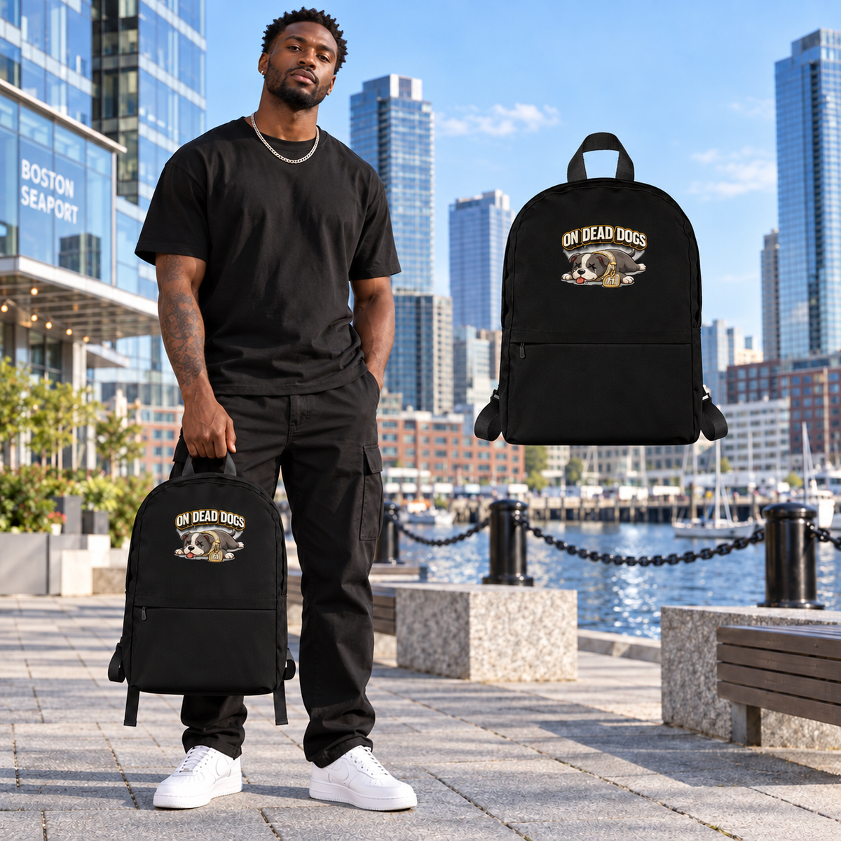 Black adult model with On Dead Dogs backpack in Boston, with matching floating accessory.