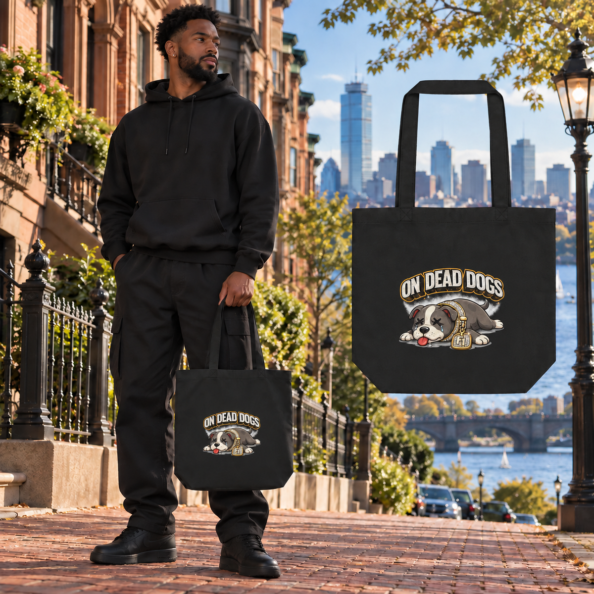 Black adult model in Boston with Eco Tote and enlarged On Dead Dogs print