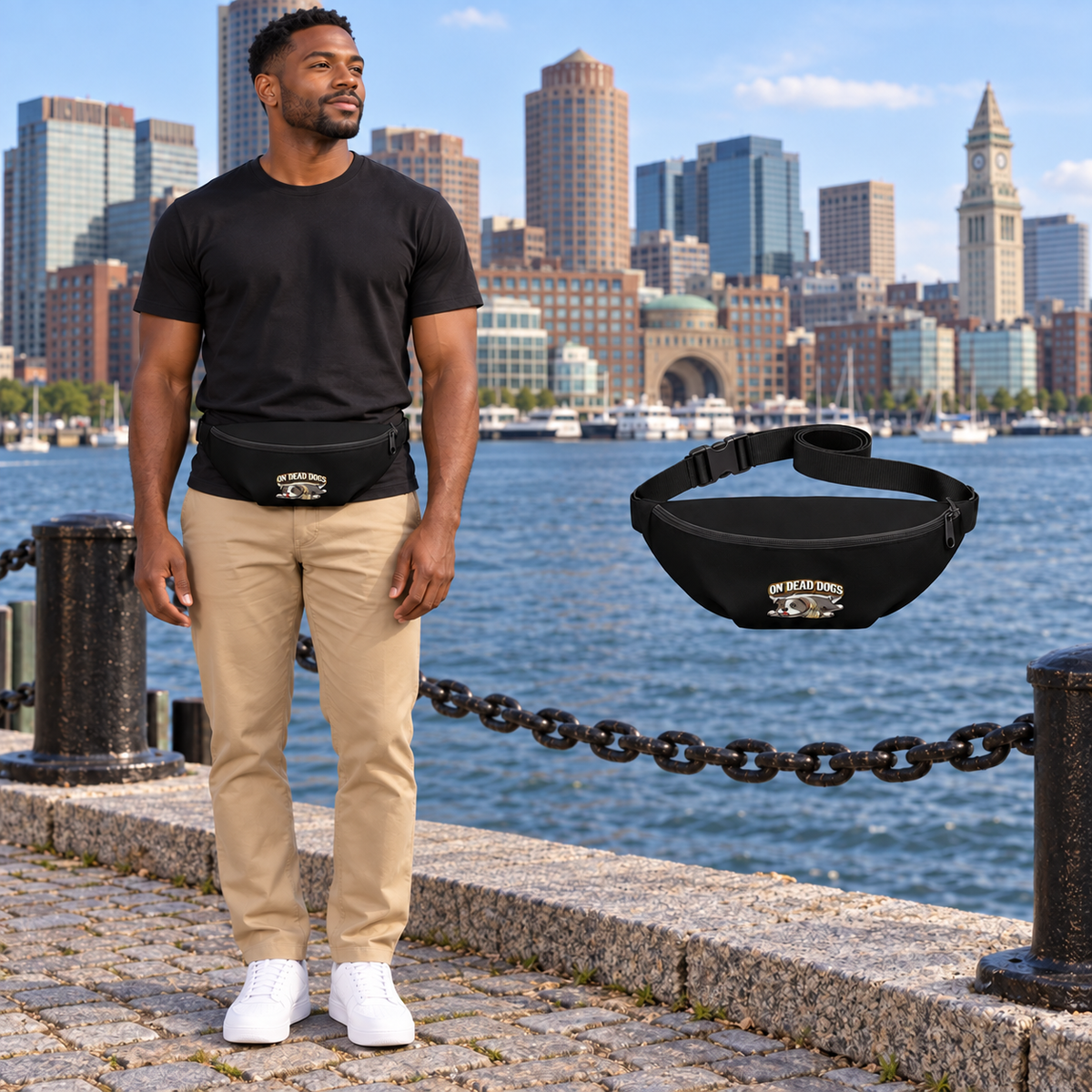 Black adult model with On Dead Dogs fanny pack in Boston, with matching floating accessory.