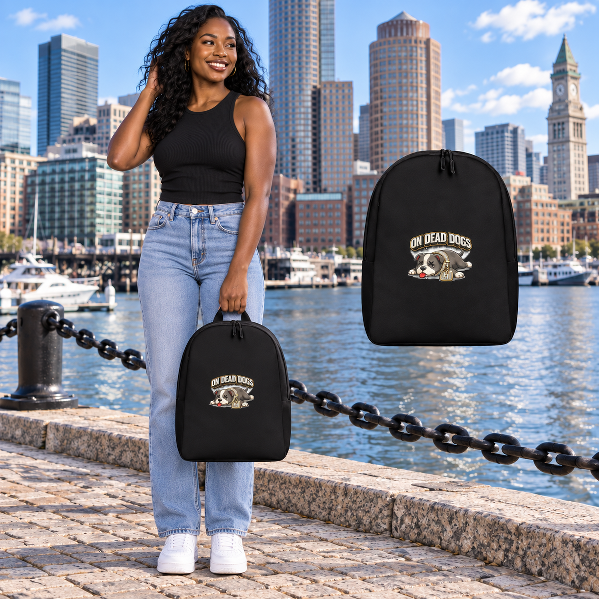 Black adult model with On Dead Dogs minimalist backpack in Boston, with matching floating accessory.