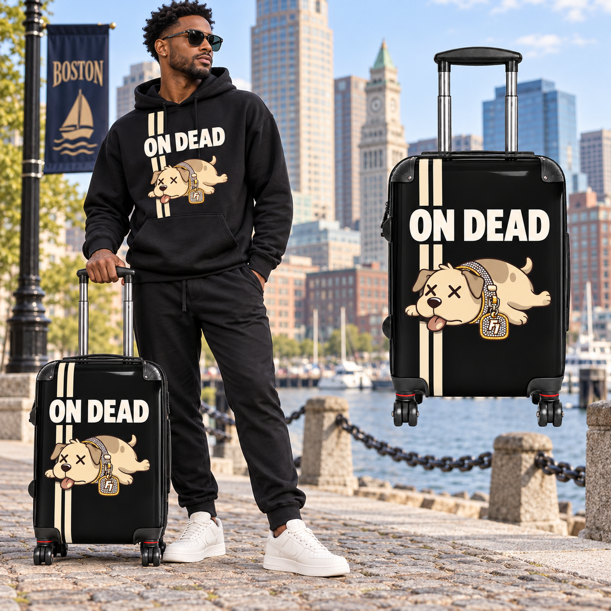 Black model in Boston with the On Dead Boston Racing Stripe hard-shell suitcase and matching hoodie
