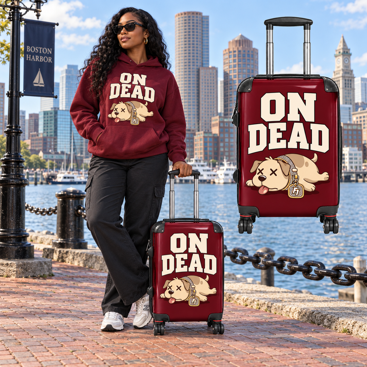 Black model in Boston with the On Dead Burgundy Varsity hard-shell suitcase and matching hoodie