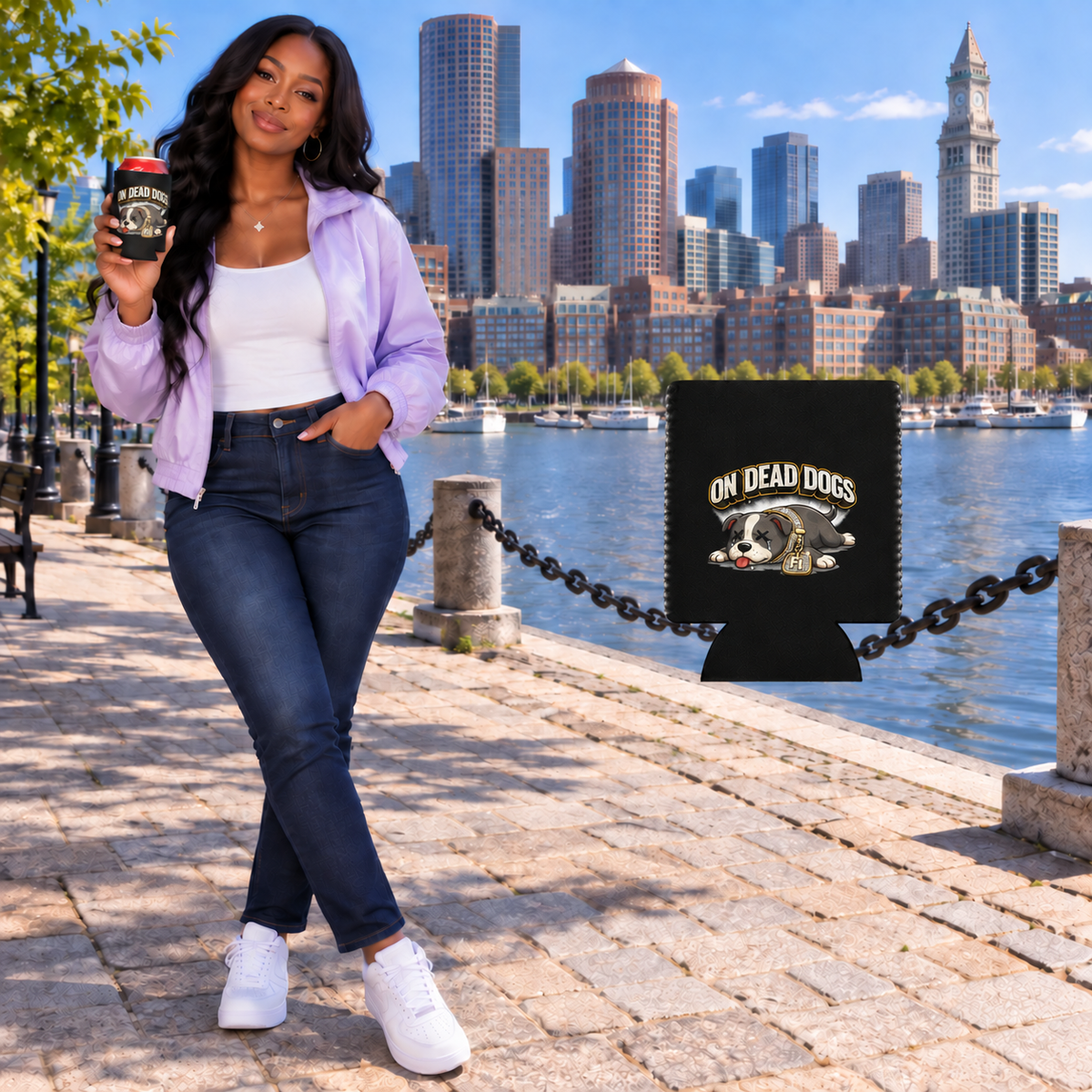 Black adult woman holding the On Dead Dogs regular 12 oz can cooler at Boston waterfront with matching floating cooler view