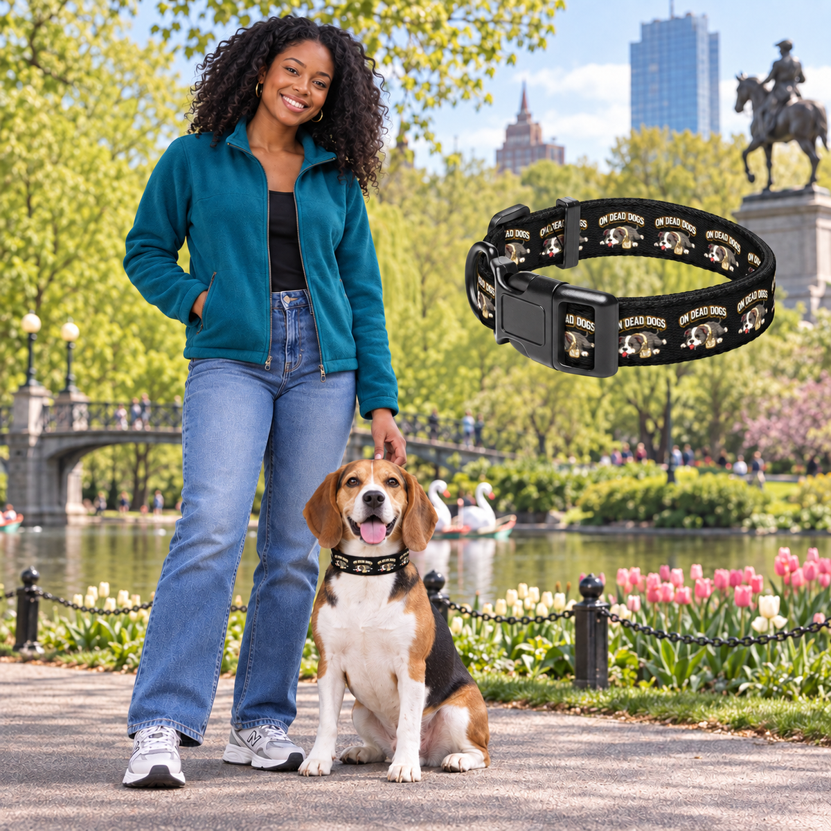 Black woman with her dog wearing On Dead Dogs collar in Boston Public Garden and matching floating collar