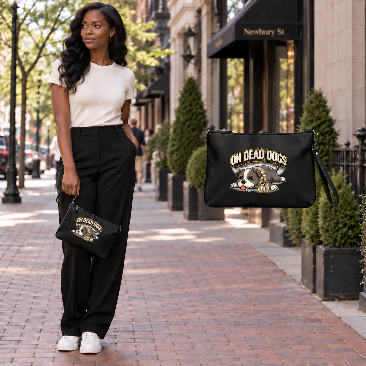 Black adult woman in Boston with On Dead Dogs crossbody bag and enlarged front artwork; matching floating bag view