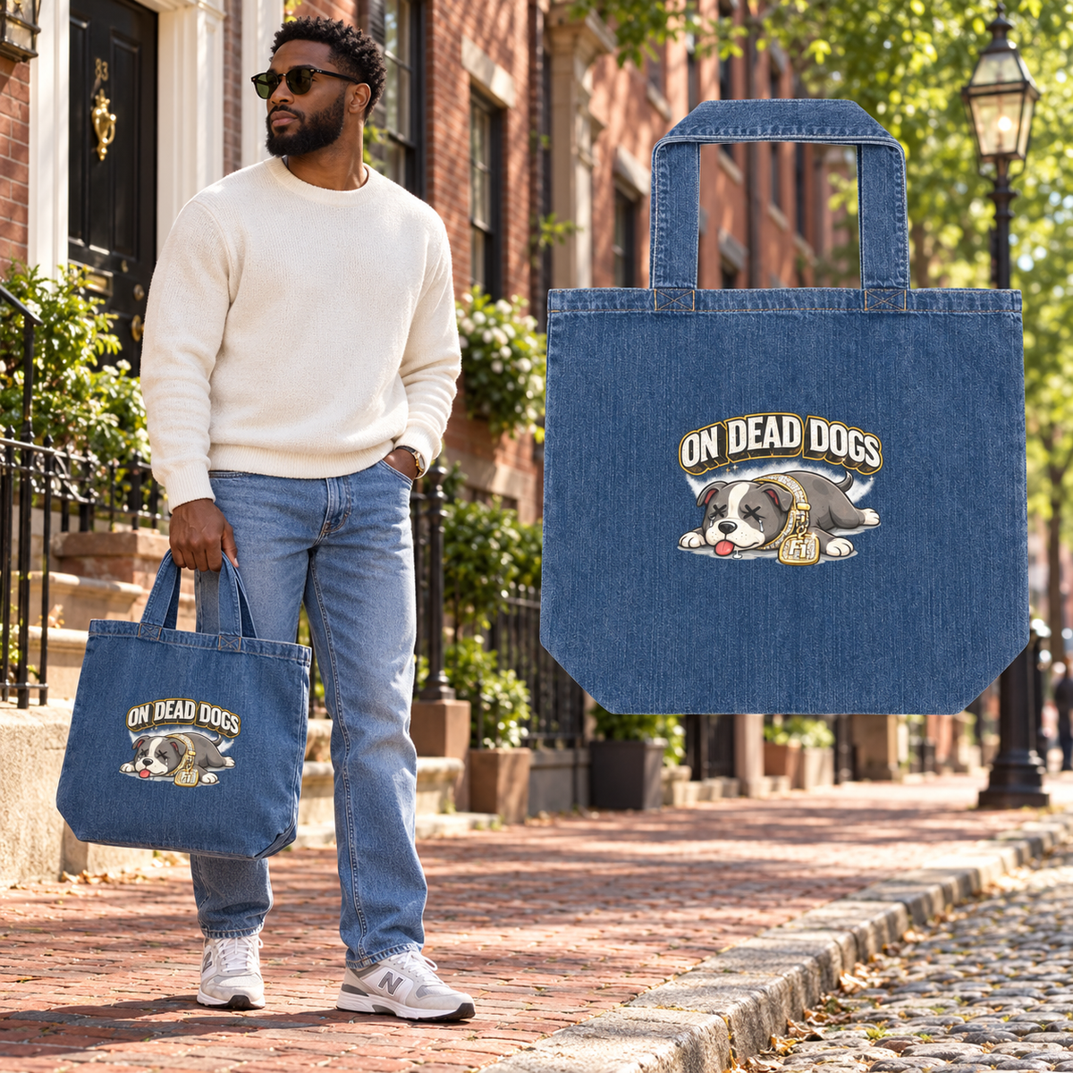 Black adult model with blue denim On Dead Dogs tote in Boston and matching front product view