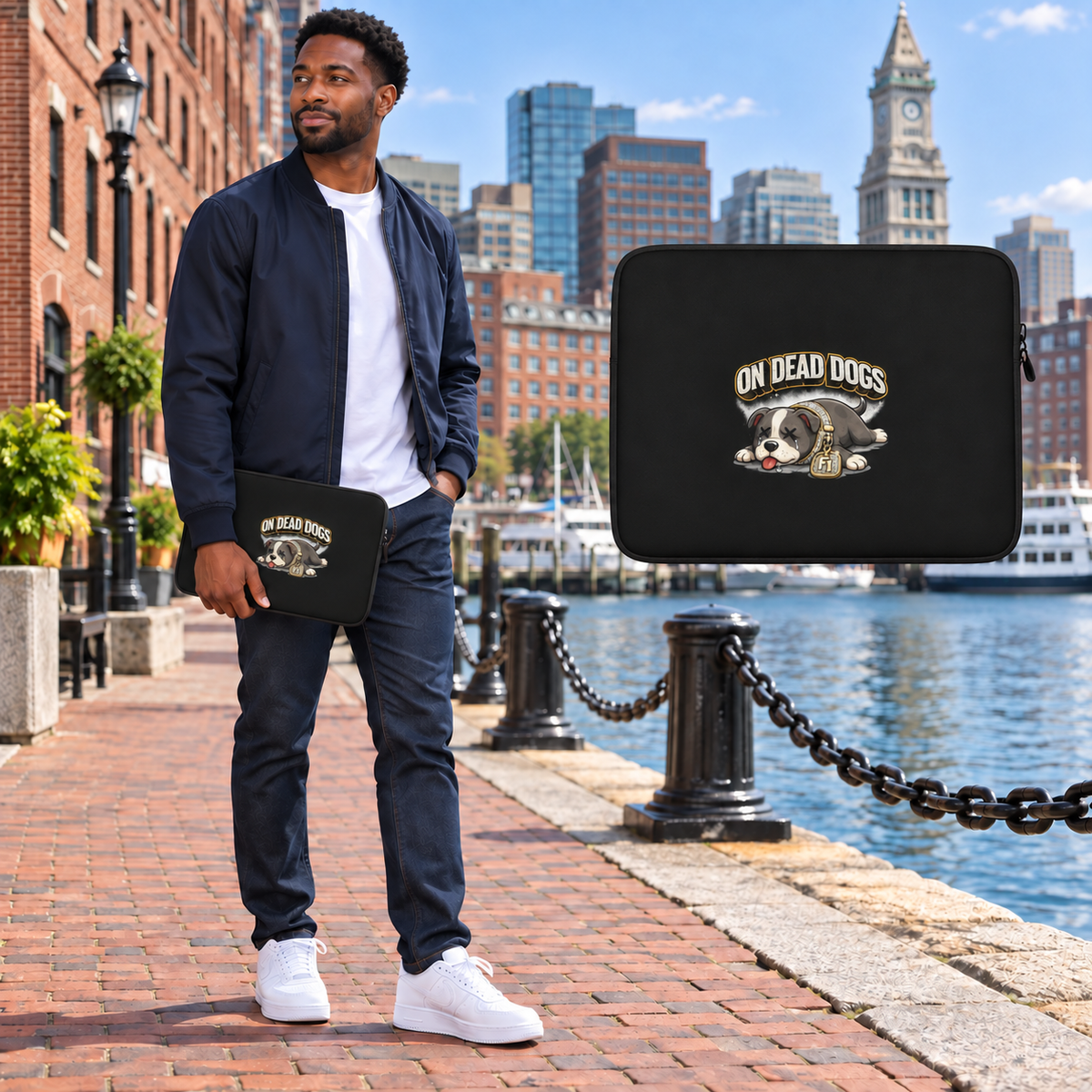Black adult model at Boston waterfront holding the On Dead Dogs 13-inch black laptop sleeve with matching floating sleeve