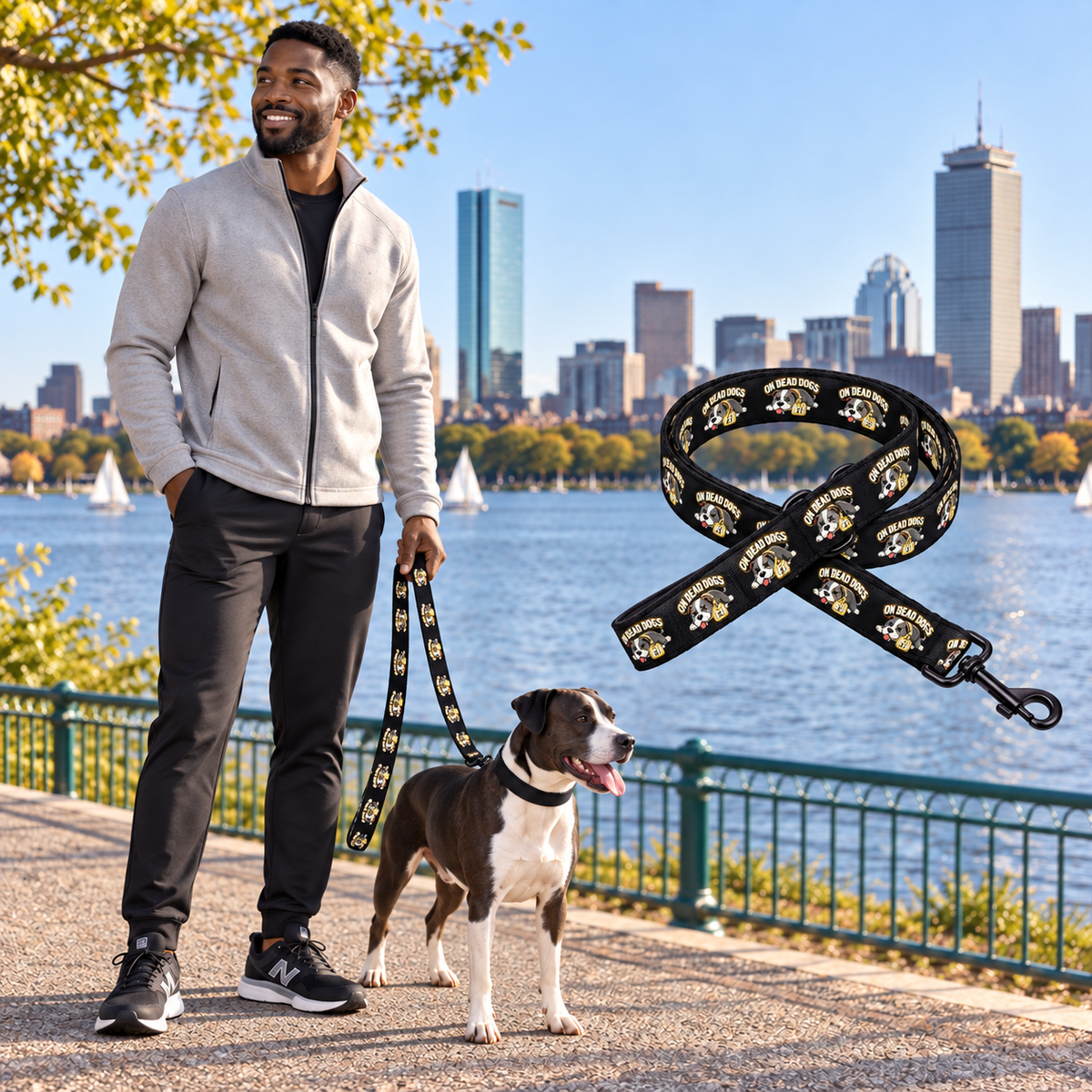 Black adult model holding the On Dead Dogs 6-foot pet leash beside the Charles River in Boston, with matching floating leash
