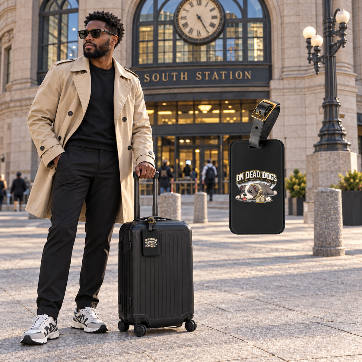 Black adult man with On Dead Dogs luggage tag attached to his suitcase outside Boston South Station and matching floating tag