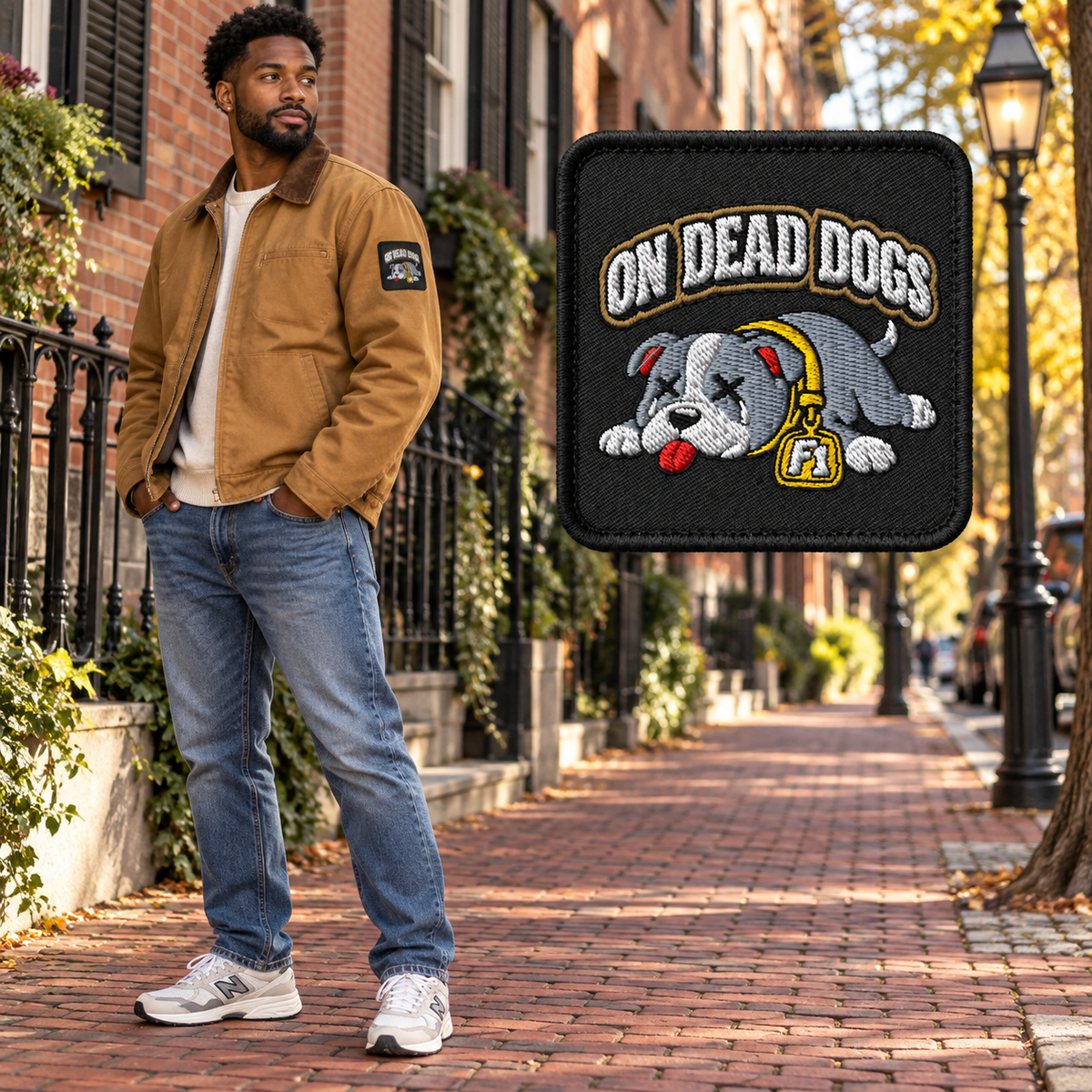 Black adult man wearing the square On Dead Dogs embroidered patch in Boston with matching floating patch