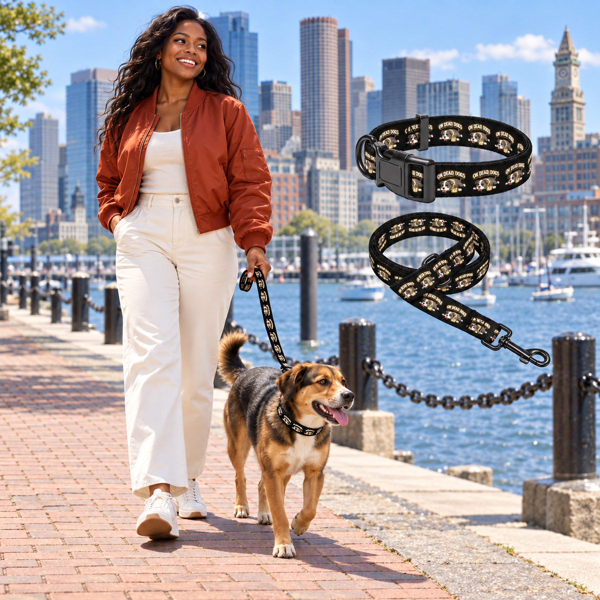 Black adult model with On Dead Dogs pet collar and leash set on the Boston Harborwalk, matching collar and leash floating at right